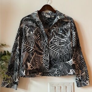 Chicos black and white denim Palm Leaf Blazer jacket Sz 2